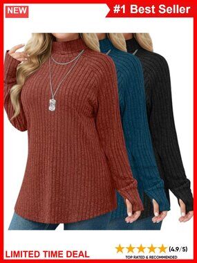 Plus Size Turtleneck Sweater 3 Pack Thumbhole Tunic Ribbed Pullover